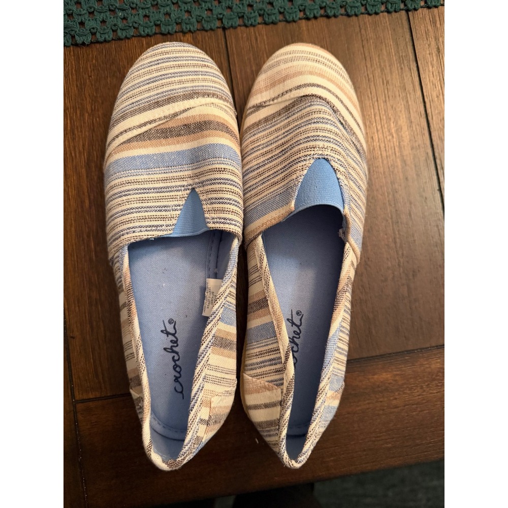 Crochet Womens Striped Alpargata Slip On Flats Blue Tan Cream Size 8 S938